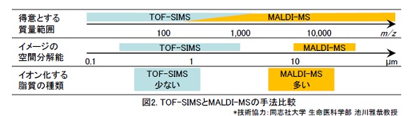 TOF-SIMSとMALDI-MSの手法比較