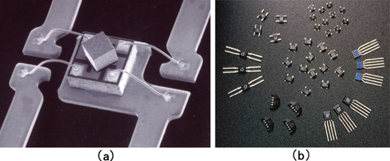 Fig. 1 hotograph of a high sensitivity InSbthin film Hall element
aHall element before packaging, bcommercially available produ